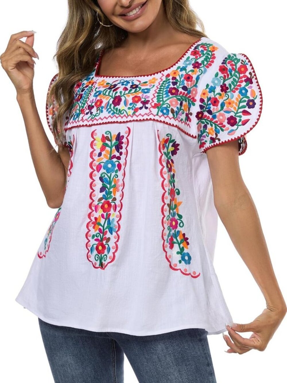 Embroidered Mexican Peasant Blouse for Women | Summer Tunic Top, Boho Style